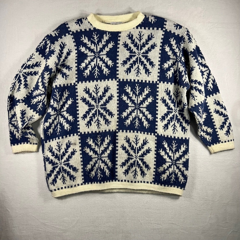 Cape Cod Sportswear Snowflake Sweater Navy Blue Cream Knit Pullover Men's Large